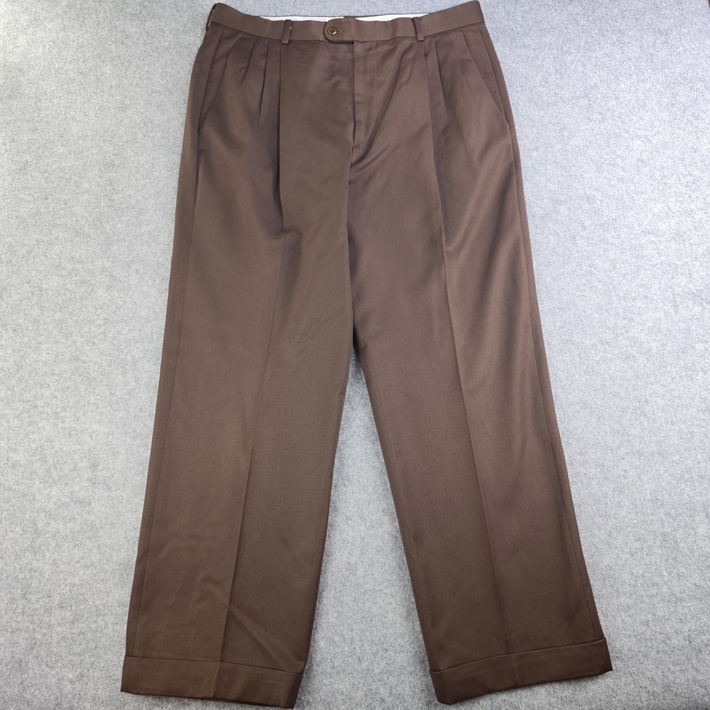 Zanella Dress Pants Mens 33 Brown 100% Wool Pleated Cuffed Made In Italy